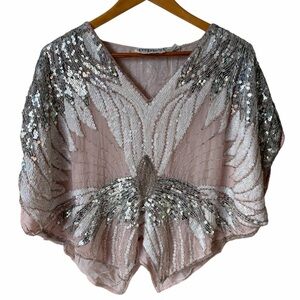 Freesha Vintage Silk Sequin Embellished Top Pink White Silver Small